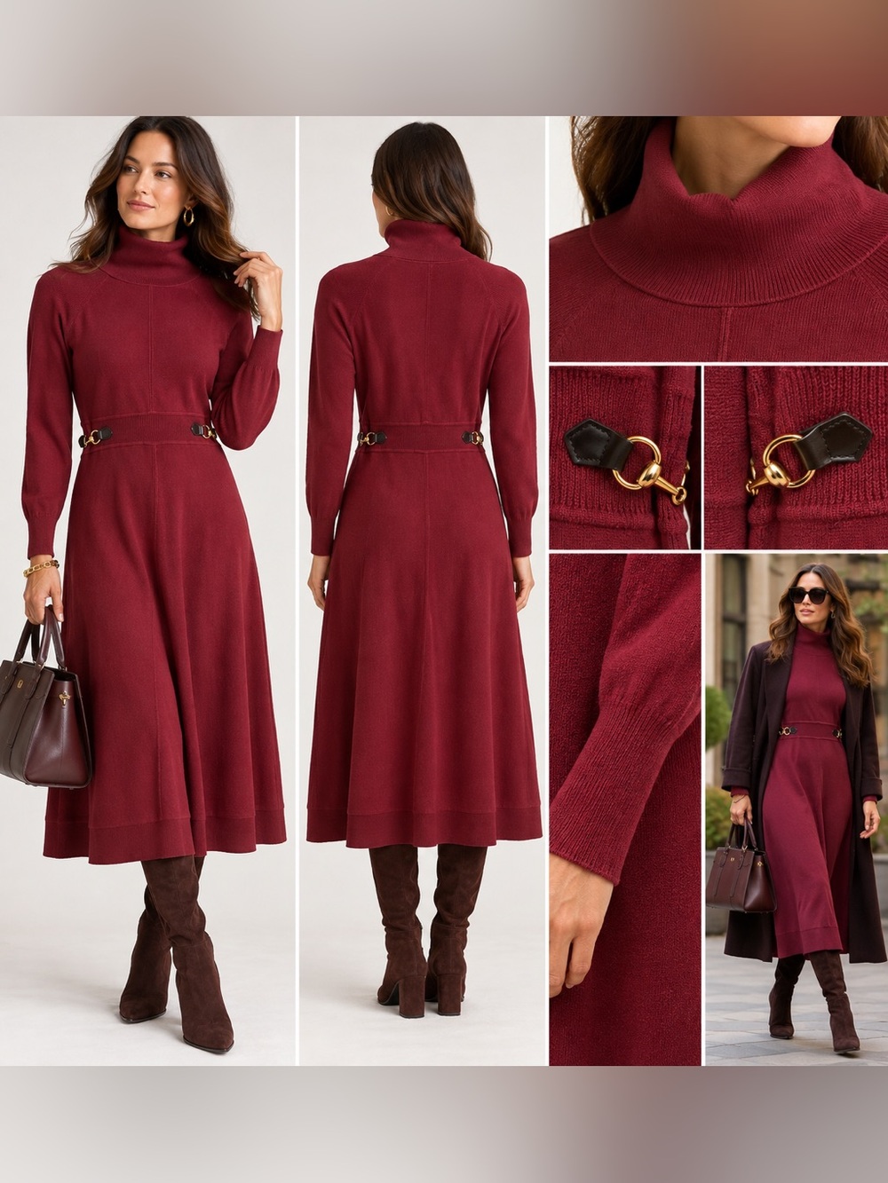Fine Rib Knit Wool Dress with Horsebit Red
